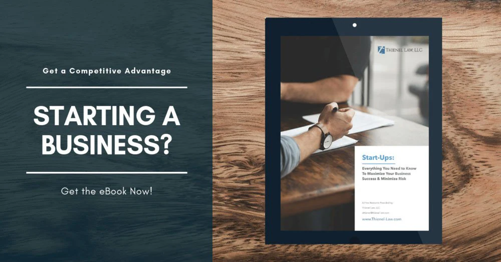 Promotional banner for the firm's free Start-Ups eBook, “Everything You Need to Know To Maximize Your Business Success & Minimize Risk”, shown on a tablet beside the words “Starting a business? Get the eBook now!”